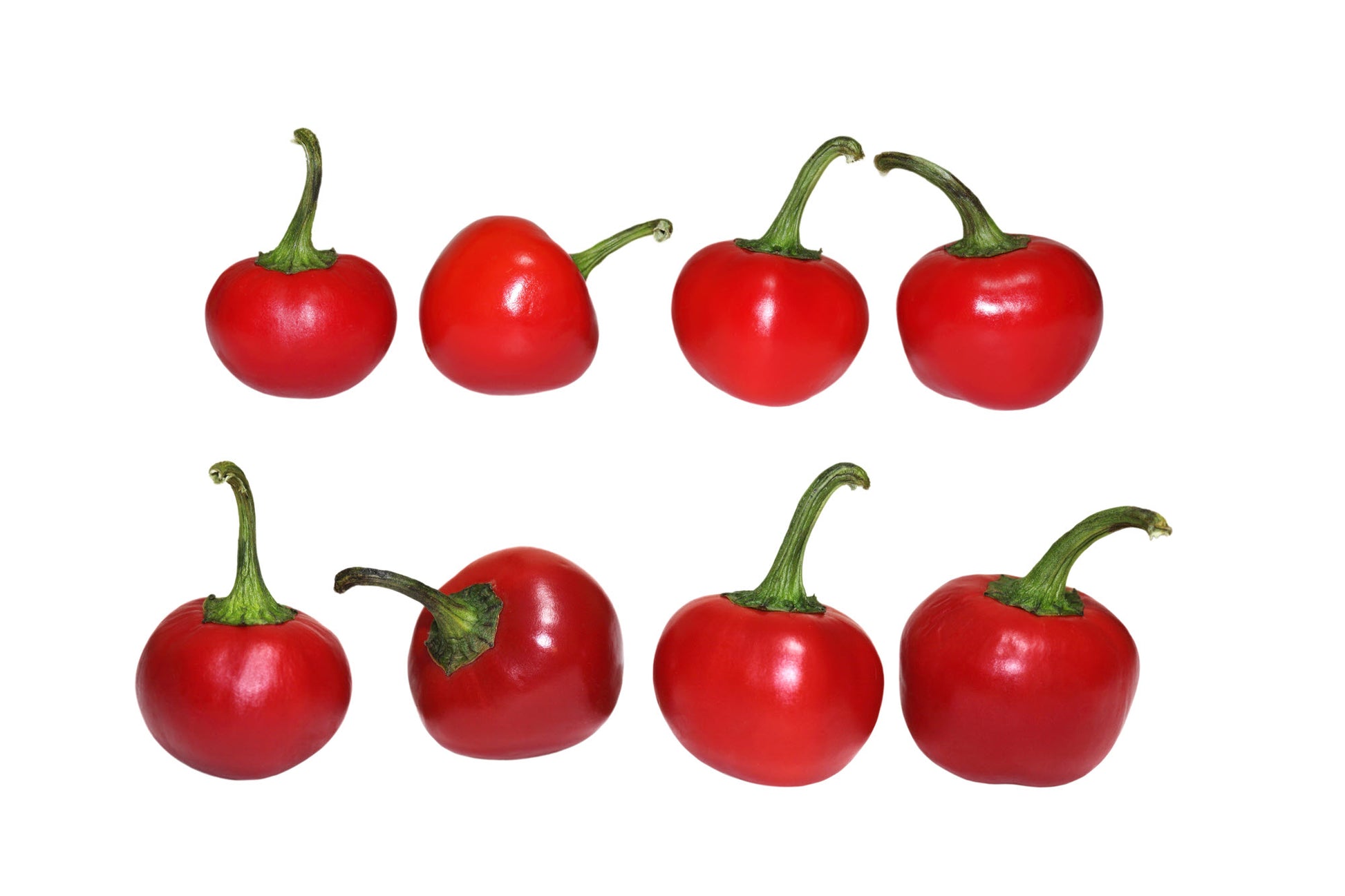 On display are 8 small cherry peppers, of the variety Red Cherry Sweet. Typically known as cherry bombs, these peppers are full of sweetness to enhance any salad. The peppers appear in 2 rows of 4 each, lined up left to right. Each pepper is small, red and contain their small stalk. All peppers are shown against a pure white background. 